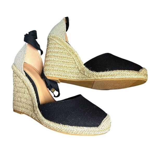 JustFab Women's Black Espadrille Wedge Sandals Size 9.5 Ankle Tie - Picture 16 of 16